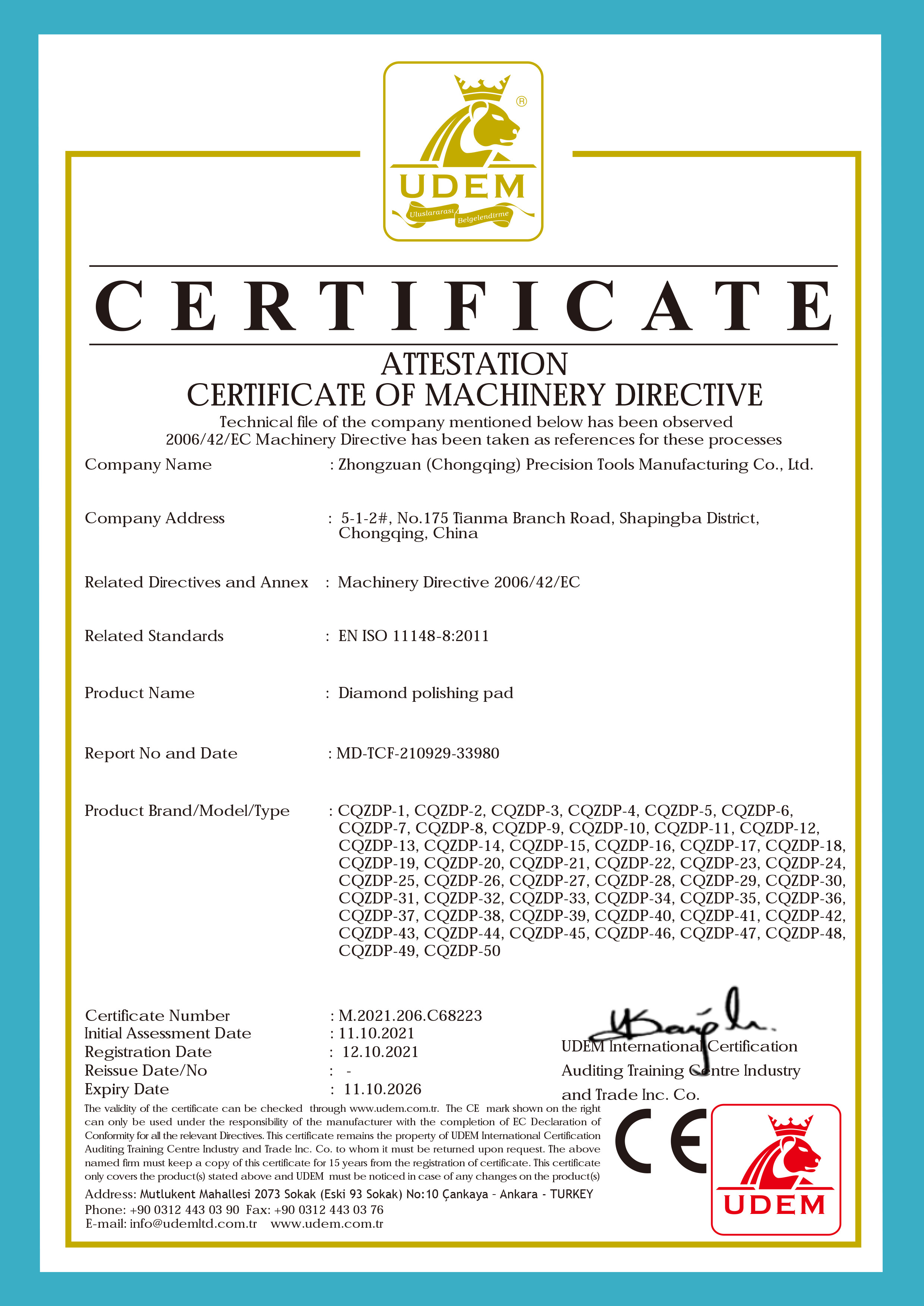 Zhongzuan (Chongqing ) Precision Tools Manufacturing Co., Ltd. Certifications