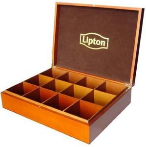  Wooden tea box, cherry color, glass window, 12 compartments, hinged & clasp, logo printed Manufactures