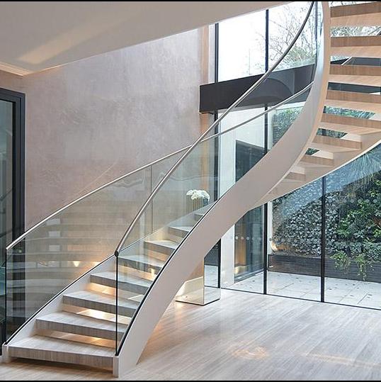 Prefabricated steel curved staircase with tempered glass balustrade