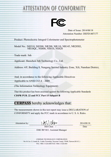 3nh color meter FCC certification