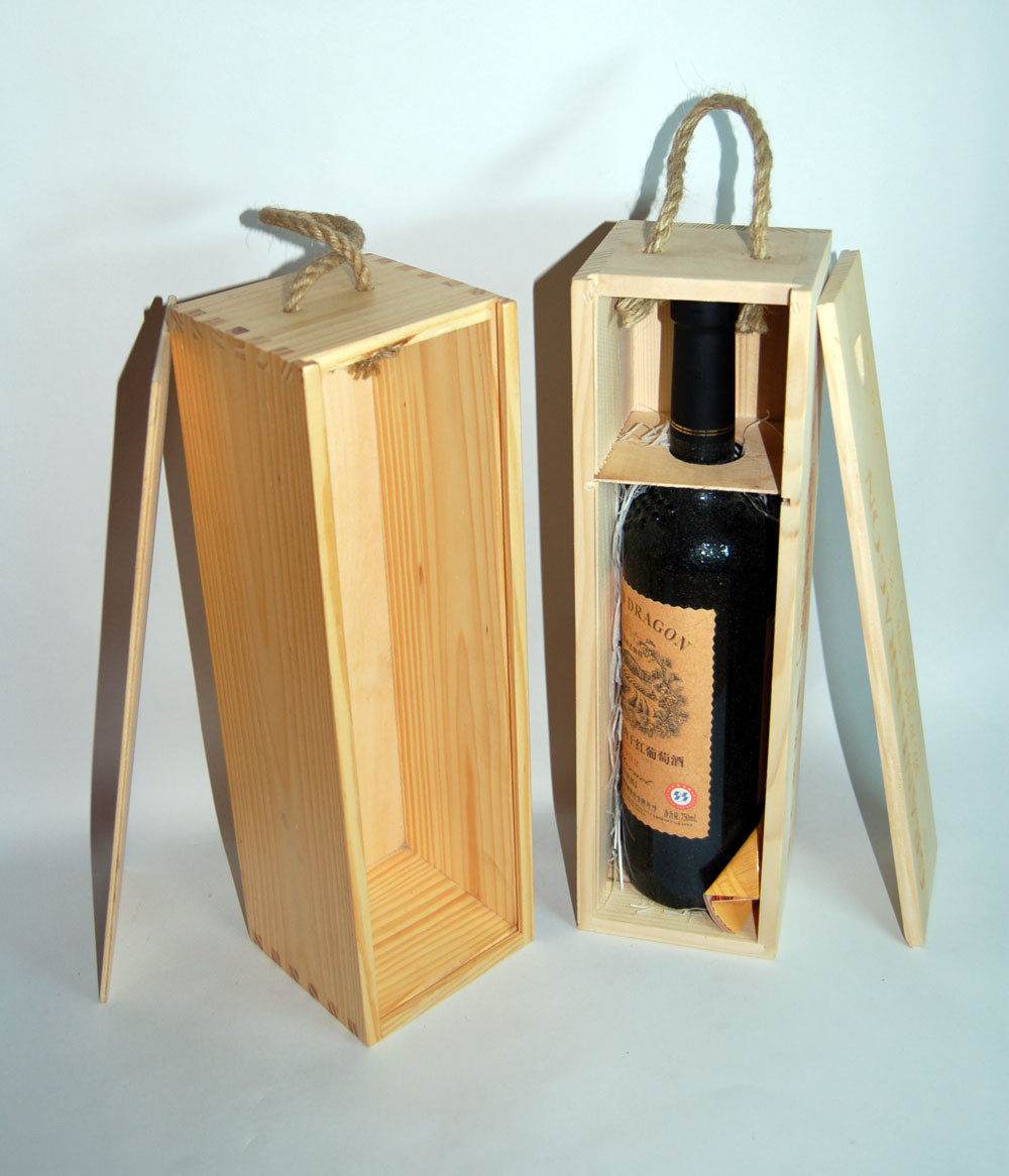  wooden single bottle wine box with slide lid and cotton/rope handle Manufactures