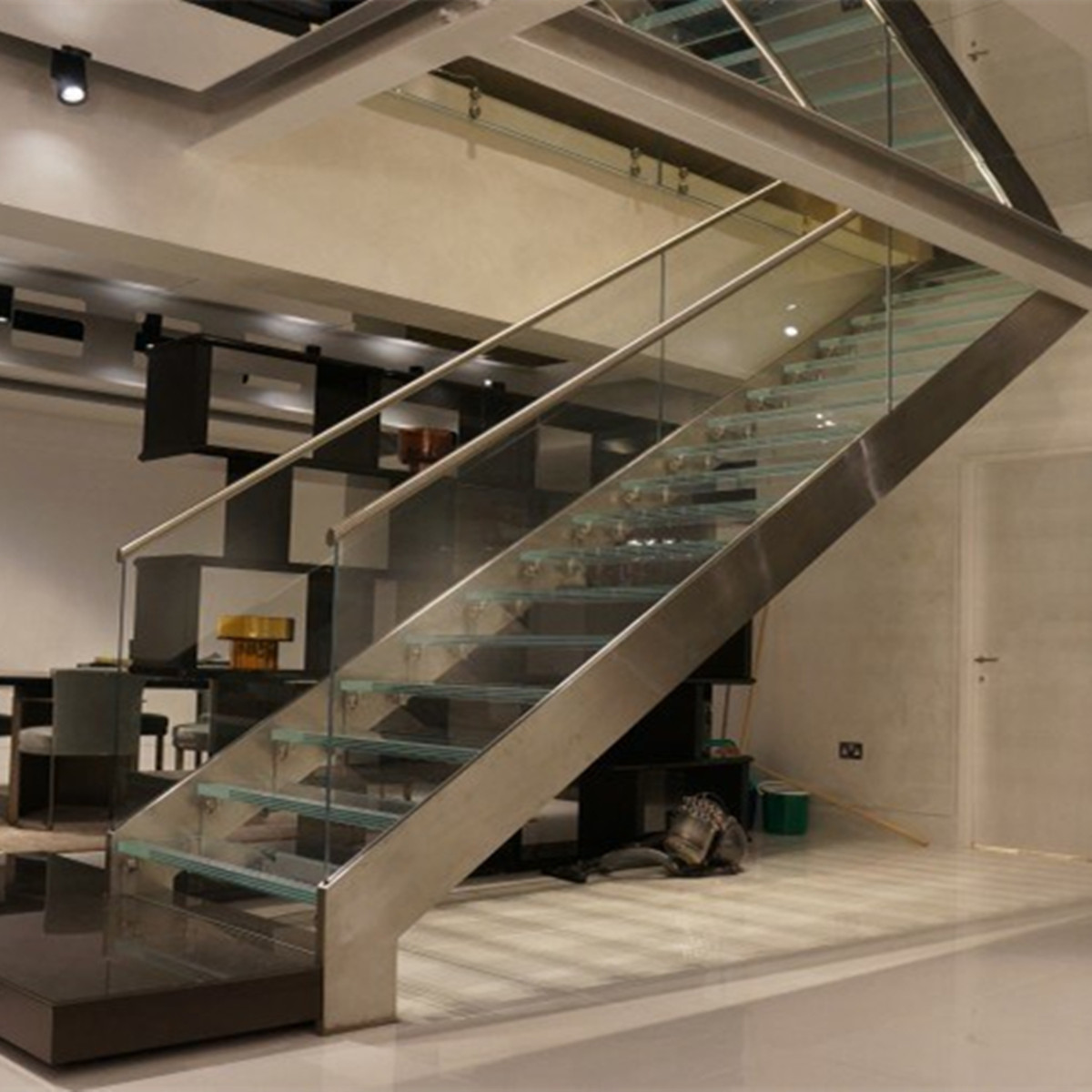  First floor stairs design with double beam glass balustrade design Manufactures