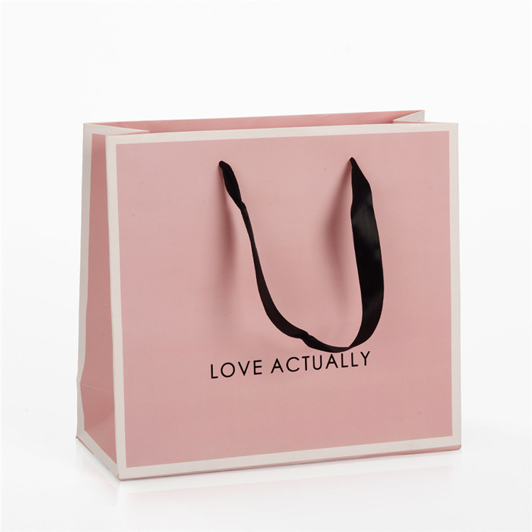  Personalised Pink Branded Paper Gift Bags With Black Ribbon Handles Manufactures