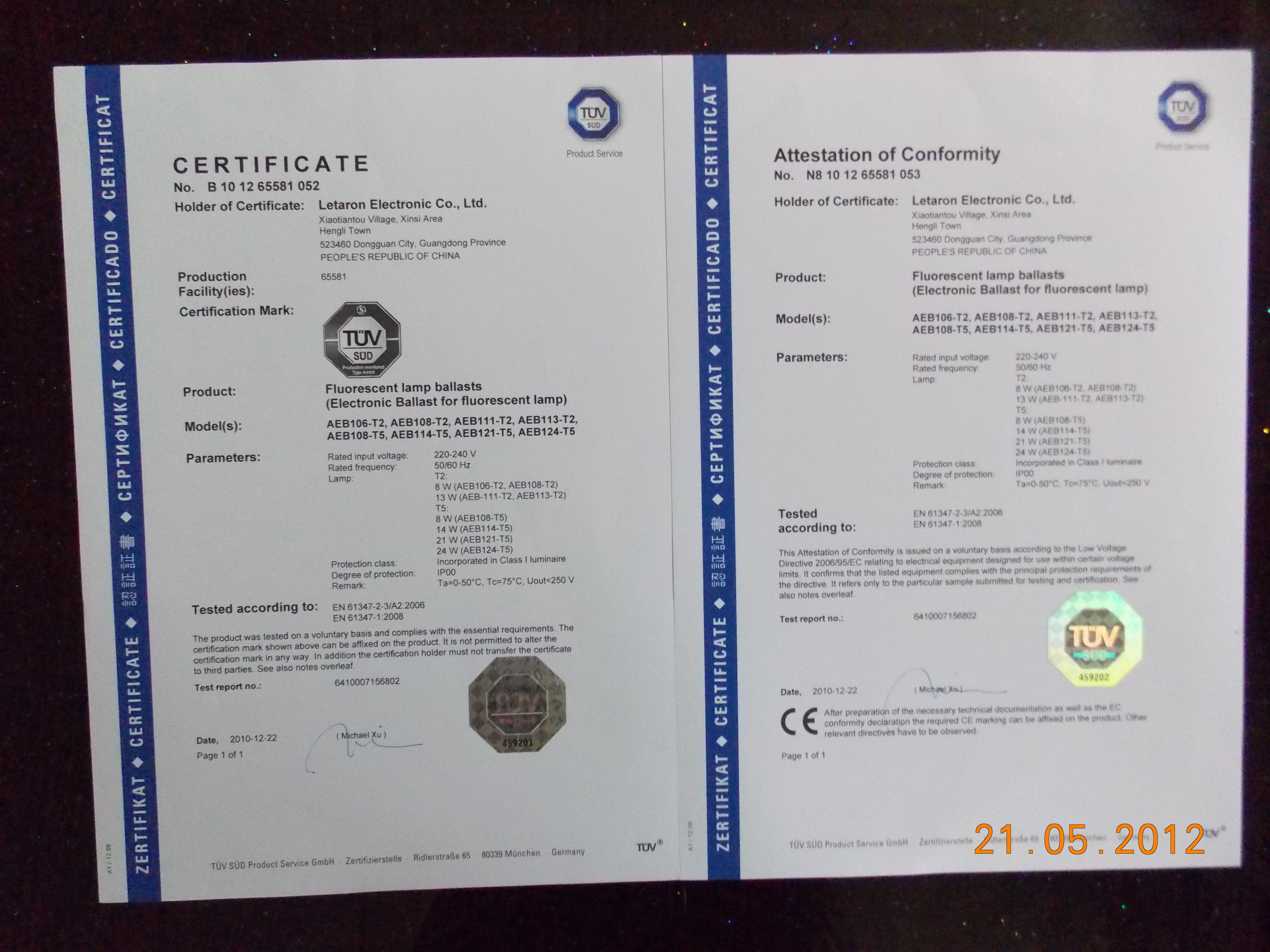 Dongguan Letaron Electronic Co.,Ltd Certifications