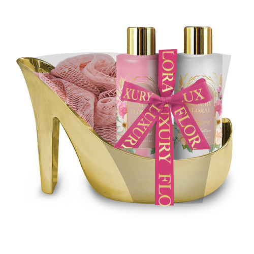 Gold High Heeled Shoes 3pcs Bath Gift Set With Shower Gel, Cleansing Milk, Bath Sponge