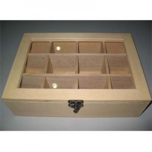  Wooden tea boxes with 12 dividers, glass top, hinged & clasp, pine box natural finish Manufactures