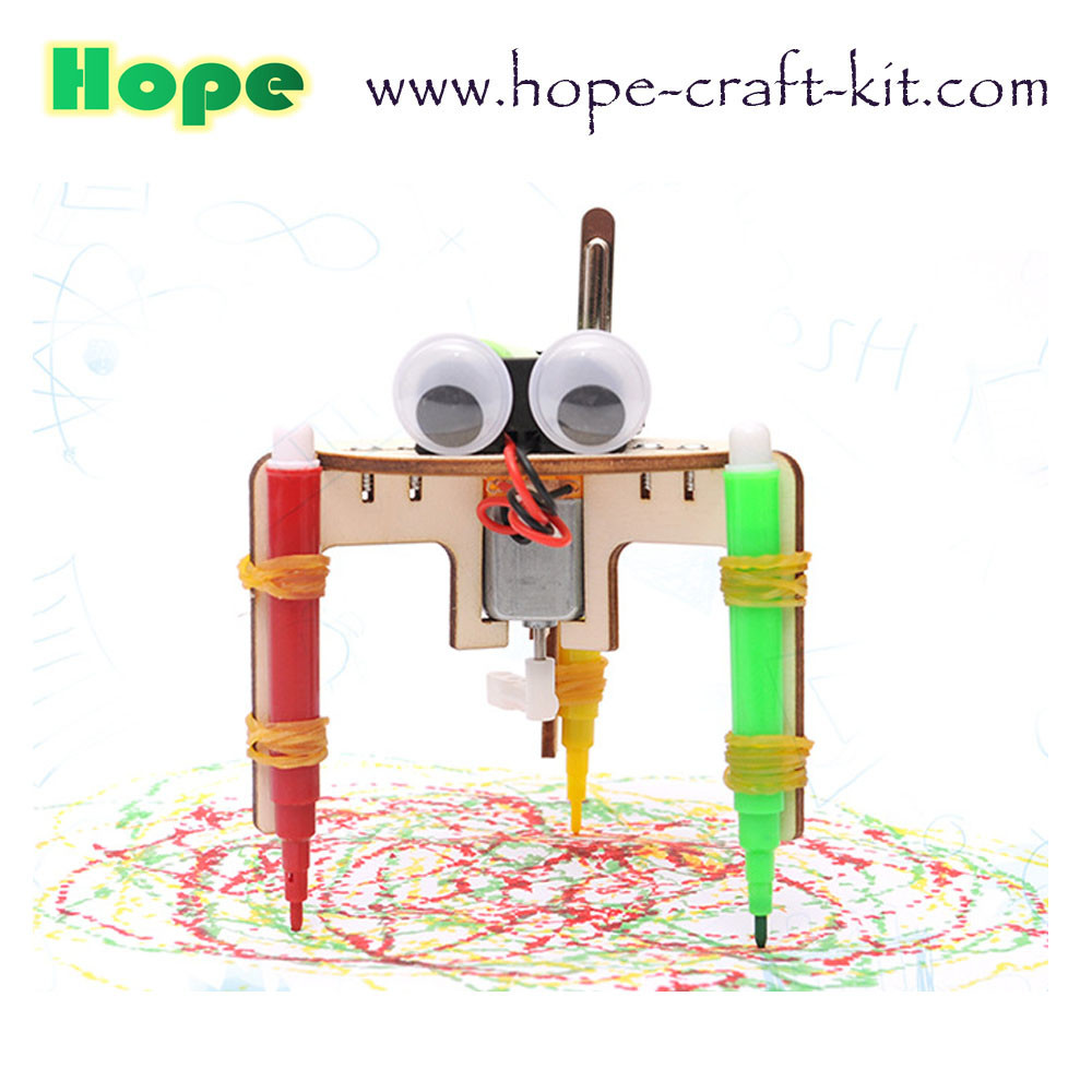 Kids Scientific DIY Toys Wooden Color Smart Graffiti Doodling Robots Easy Assembly for STEM physics Education OEM ODM
