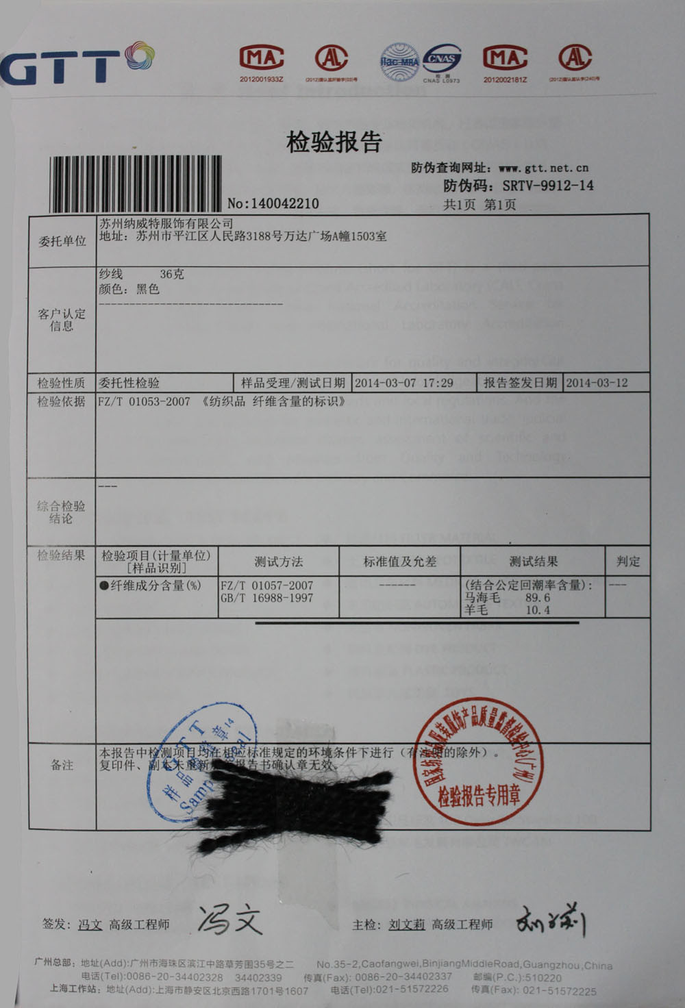 Suzhou Nice Sweater Clothes Co., Ltd. Certifications