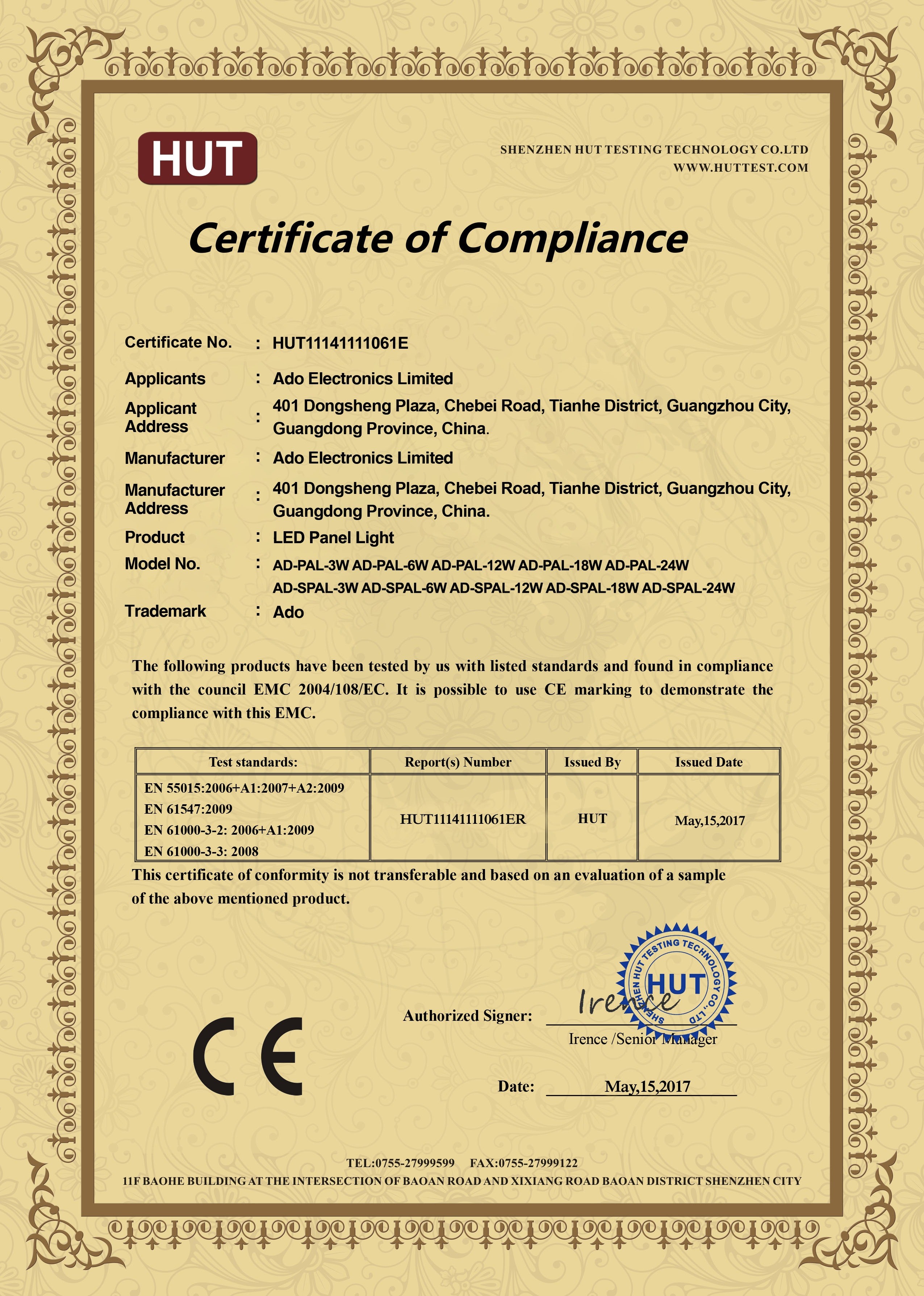 ADO ELECTRONICS LIMITED Certifications