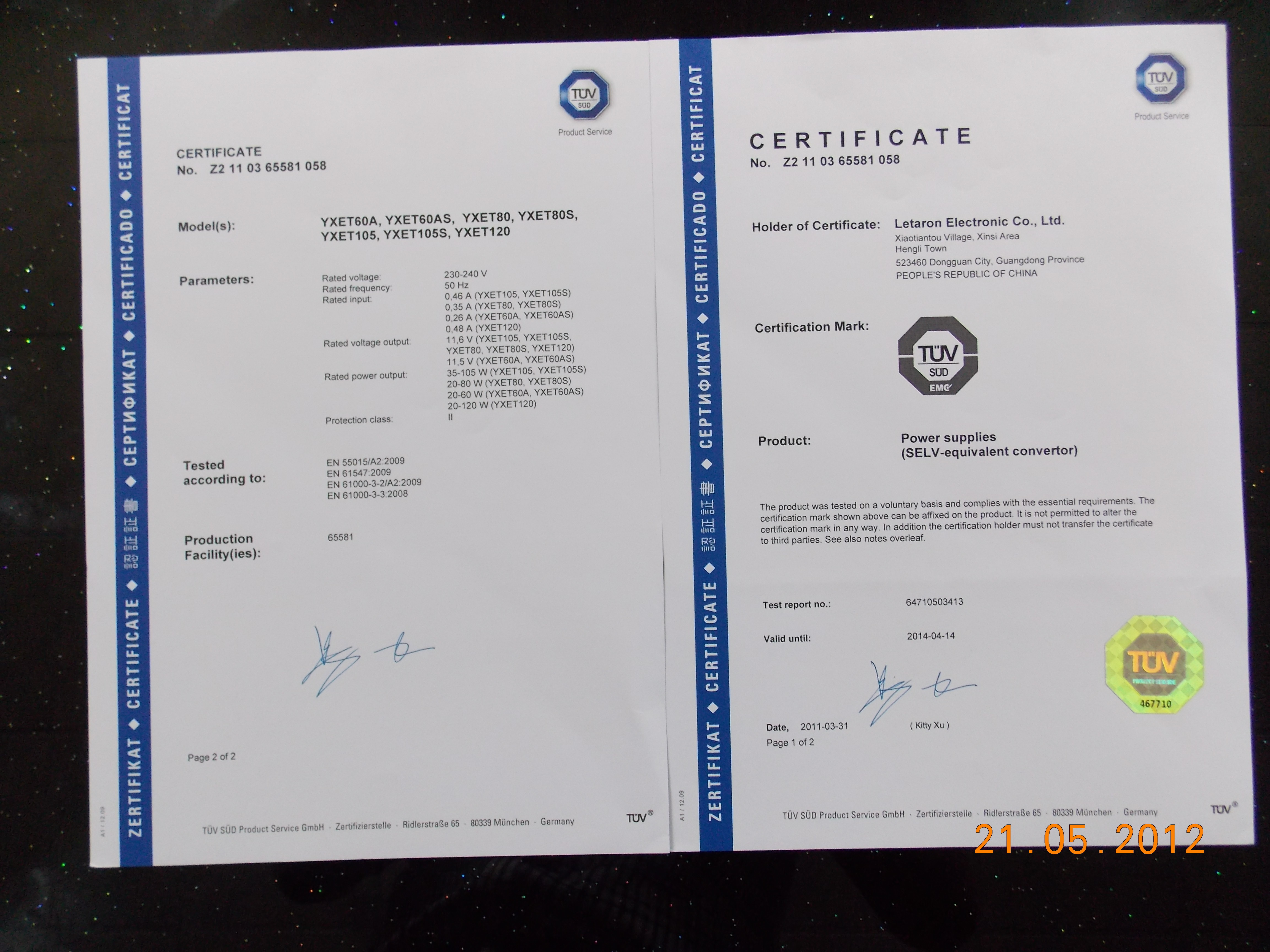 Dongguan Letaron Electronic Co.,Ltd Certifications