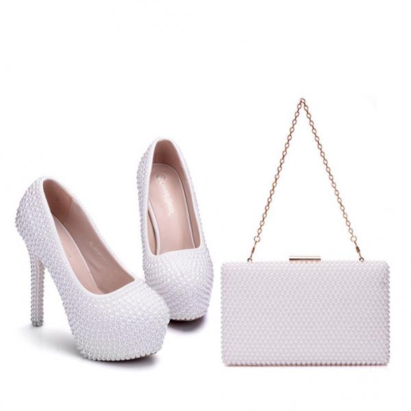 Quality Pearls Extreme High Heels Women's Pumps Matching Handbag Sets for sale