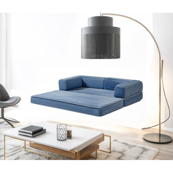 Blue Multi-Functional Fabric Sectional Sofa Set Comfortable Convertible Extendable Sponge Filled Foldout Bed for Living Room