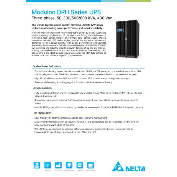 DELTA Modulon DPH Series 600KVA Three-phase Modular UPS System for Data Center with 50kw Power Modules