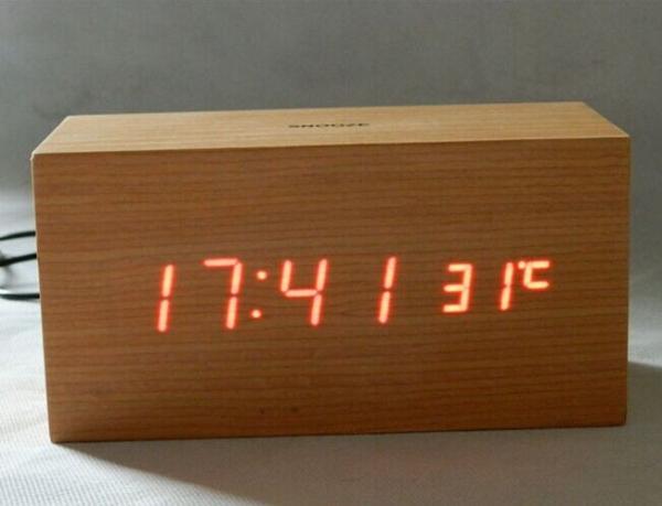 Quality LED wood clock with voice control, touch function and snooze for sale