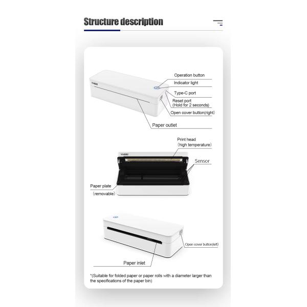 Small Portable Wireless Printer Mobile Inkless Thermal Printer for Travel Home Use, Compatible with Android Ios Laptop