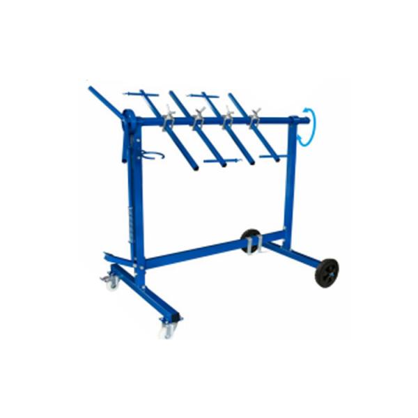 Close-up view of paint drying rack locking mechanism and hooks