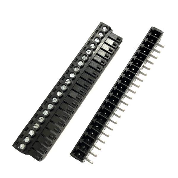 Quality 3.81mm Pitch PCB Pluggable Screw Terminal Blocks Plug + Right Angle Pin Header Black for sale