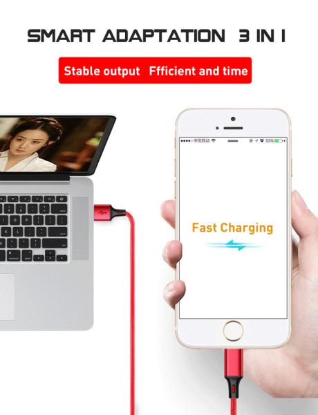 Applicable Apple iPhone Android Type-C 1 for 3 USB data Tiger pattern weaving 3A