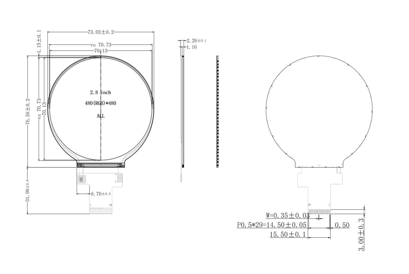 2.8 inch IPS Circular Touch TFT Display MIPI Interface LCD Module 480x480