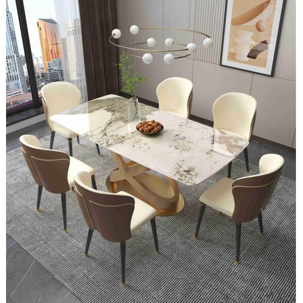 White Rectangular Stone Dining Table Chair Sets Bronze Pedestals