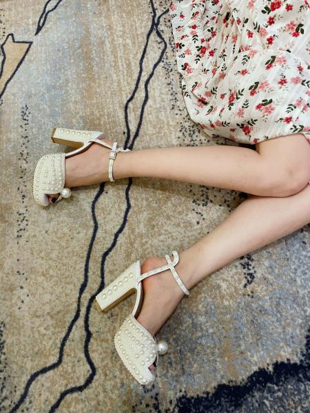 Pearl inlaid design women's high heel sandals，open toe height increasing women sandals