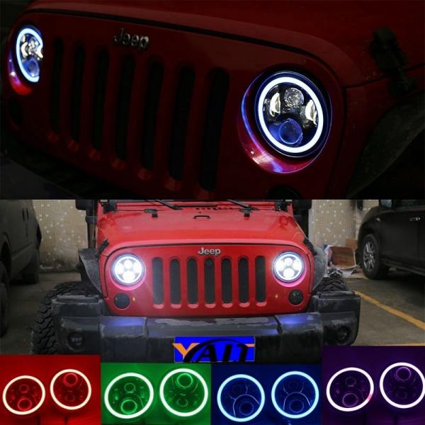 3700lm Jeep Wrangler Headlights , 7 Inch Round LED Headlights RGB Halo with Angel Eyes