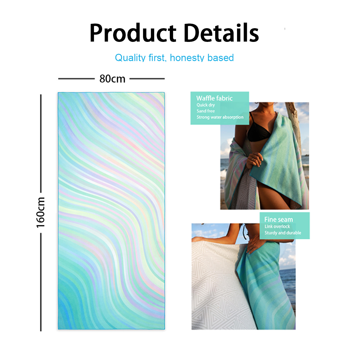 Private Label Custom Print Lightweight Sand Proof Microfiber Waffle Beach Towel