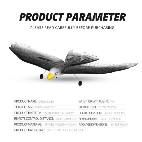 Remote Control Glider Eagle 2ch Aircraft Toy Simulation Eagle RC Plane with 200m Control Distance to Kids and Adults