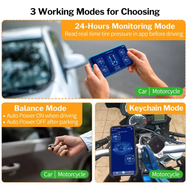 Car BL8 Wireless External TPMS Sensor with Chargeable Receiver Kechain and Mobile APP Compatible with Android & IOS