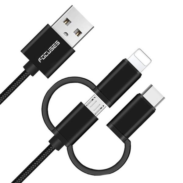 2M Multi Function Data Cable Explosionproof 3 In 1 Fast Charging Cable