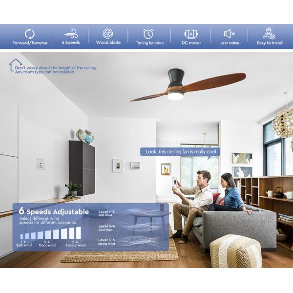 DC Motor 56 Inch Solid Wood Ceiling Fan Decorative Remote Control