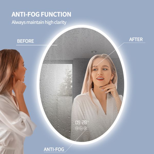 Round Polished Edge Bathroom Mirrors With LED Light Smart Touch Sensor