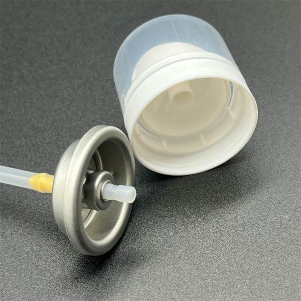 Dry shampoo aerosol valve close-up view showing internal mechanism