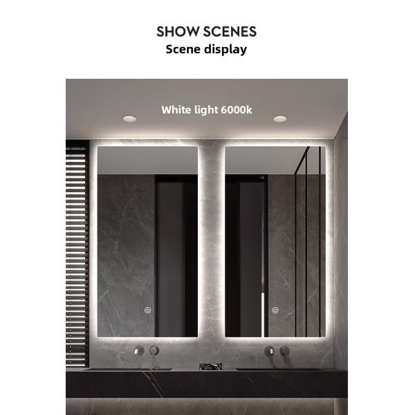 Ultra-Thin Frame Modern Space-Saving Hotels Smart Mirror Rectangle Adjustable LED Light Touch Switch Natural Light Simulation