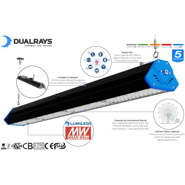 DUALRAYS HB6 1ft 50W IP65 140LPW Aluminium LED Linear Highbay for Warehouse Aisle with 30W 3 Hours Emergency Function