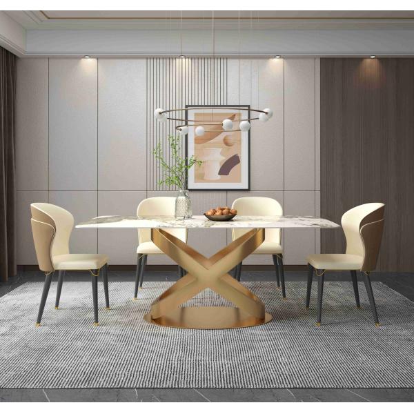 White Rectangular Stone Dining Table Chair Sets Bronze Pedestals
