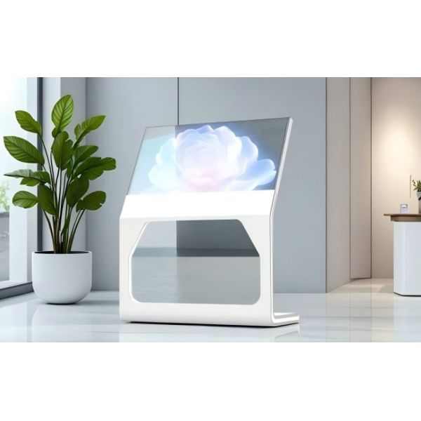 55-inch angled transparent oled touch screen with 43% transparency and 200,000:1 contrast for interactive exhibits