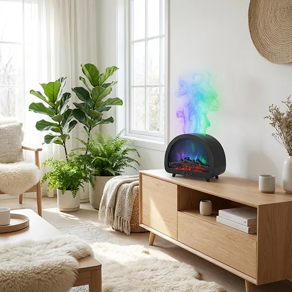 New 200ml Electric Humidifier Fireplace Flame Aromatherapy Diffuser Machine with 12-Color Changing Night Light with Remote for Home Use
