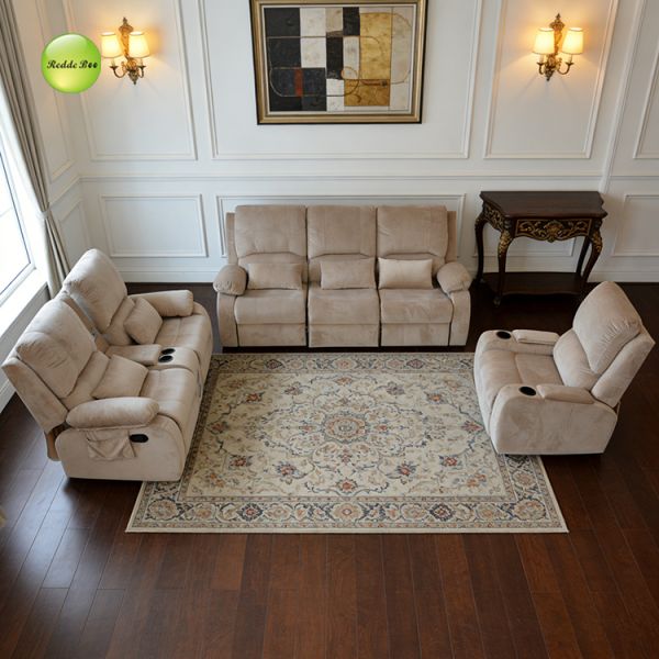 Beige Reclining Sofa Set with Multi-position Adjustable Backrest, Ergonomic Design, and Built-in Storage Pockets for Home Theater