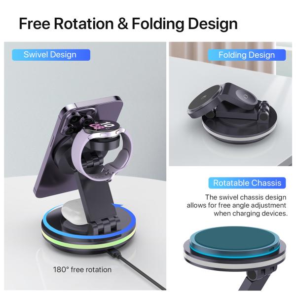 ABS Acrylic Material Foldable Wireless Charger with LED Light and TYPE-C Input