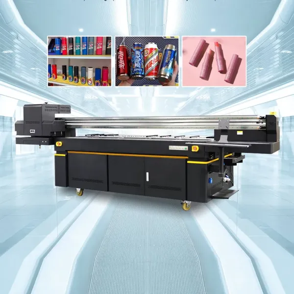 Industrial cylindrical UV printer setup in manufacturing environment