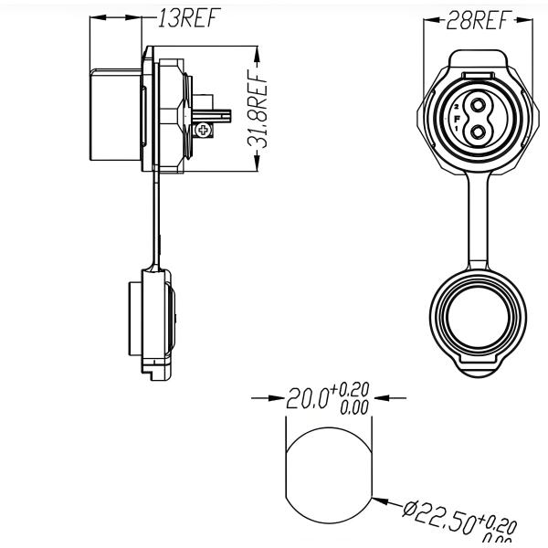 IP68 Waterproof 5-Pin LP20 Connector, 20A Panel Mount, Push-Pull Lock