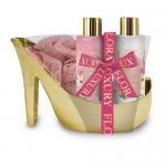 Gold High Heeled Shoes 3pcs Bath Gift Set With Shower Gel, Cleansing Milk, Bath