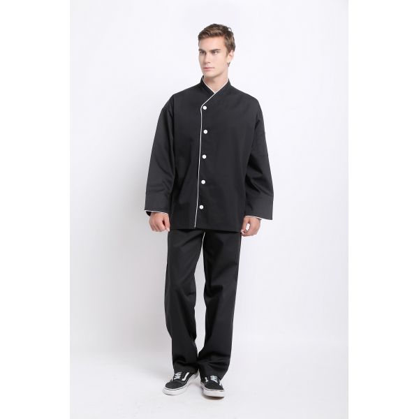 White Cutton White Edage Black Chef Suit