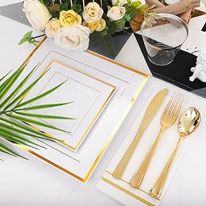 Gold Plastic Plates - Disposable Square Gold Plates Include Dinner Plates Dessert Plates Cups Plastic Cutlery
