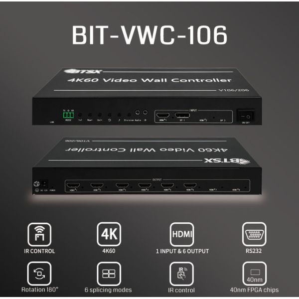 BIT-VWC-106 1x6 UHD Video Wall Controller with 4K@60Hz Zero-Latency Processing and Flexible Display Configurations