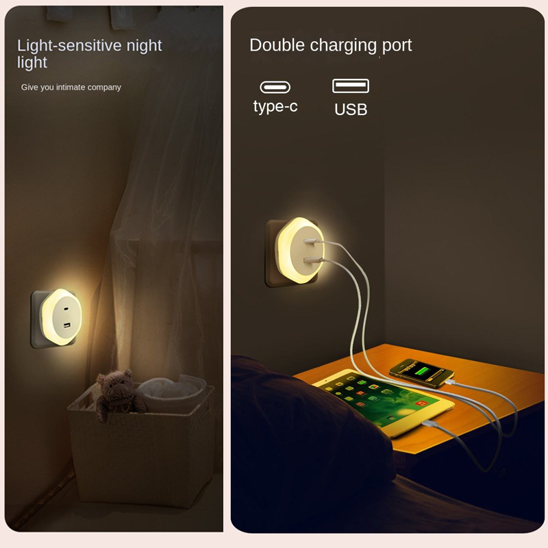 USB Charging Socket with LED Night Light, Modern square ABS Switch Sensor Control Plug-in Power Supply