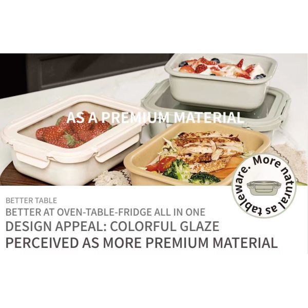 IKOO Stackable Leak-proof Microwave Safe Ceramic Food Storage Container with Glass Lid