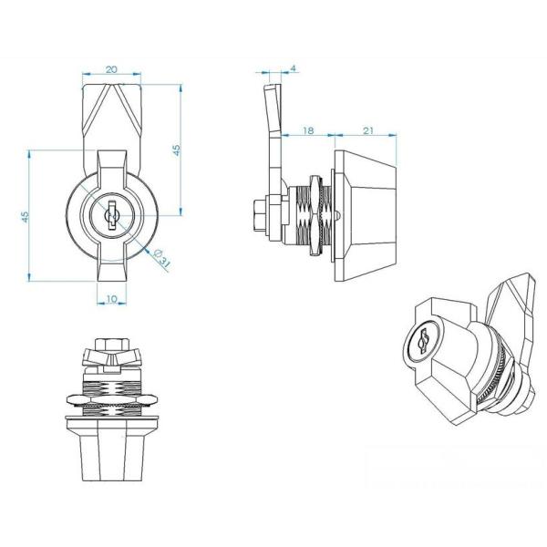 Chrome Wing Knob Quarter Turn Locks for Industrial Cabinets