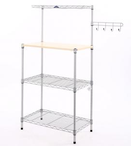 3 Tiers Chrome Metal Wire Kitchen Cart with MDF Board Adjustable Epoxy Black Metal Kitchen